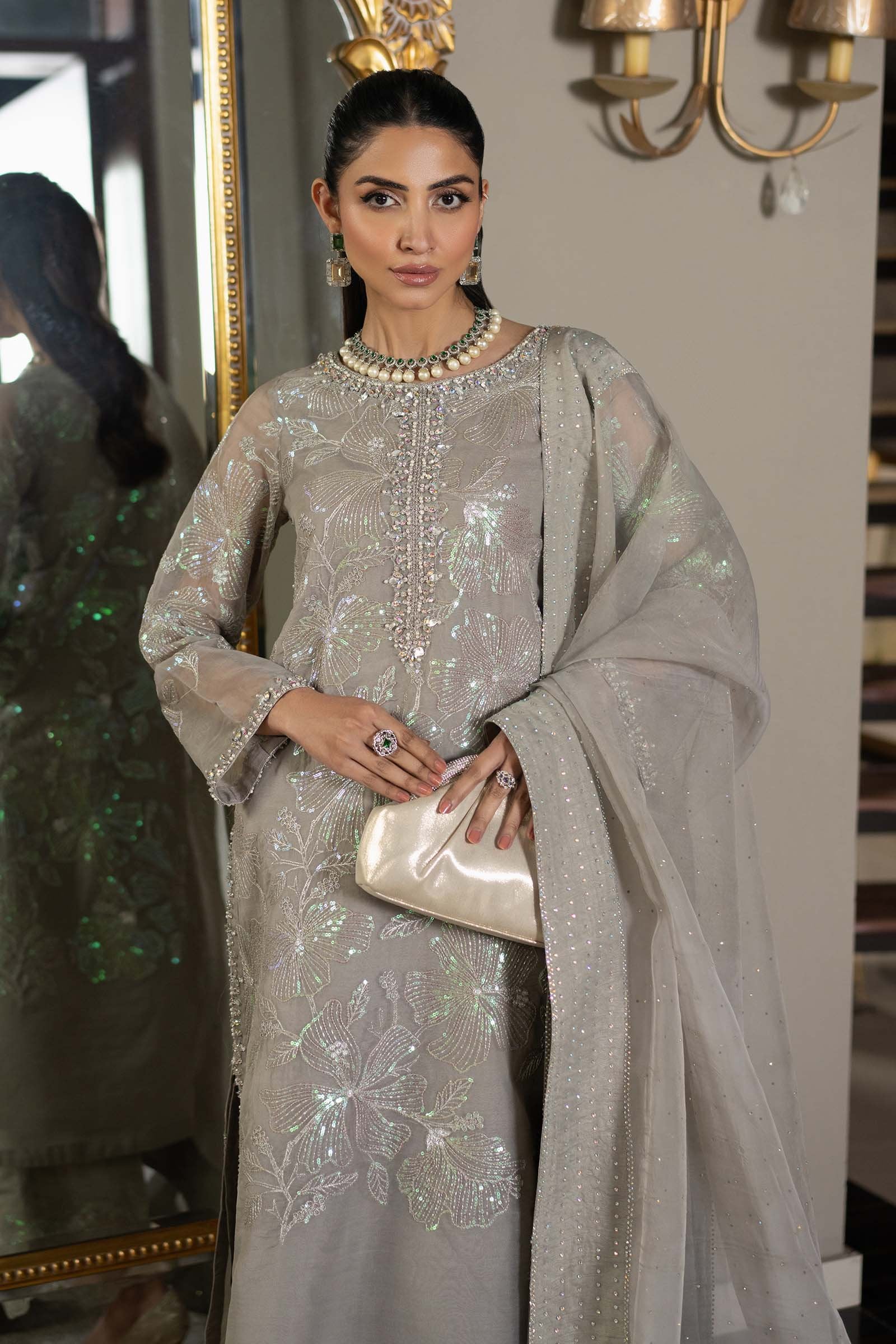 Maria B 3Pc Embroidered Organza Suit SF-EF25-15 Grey gulbuy.com