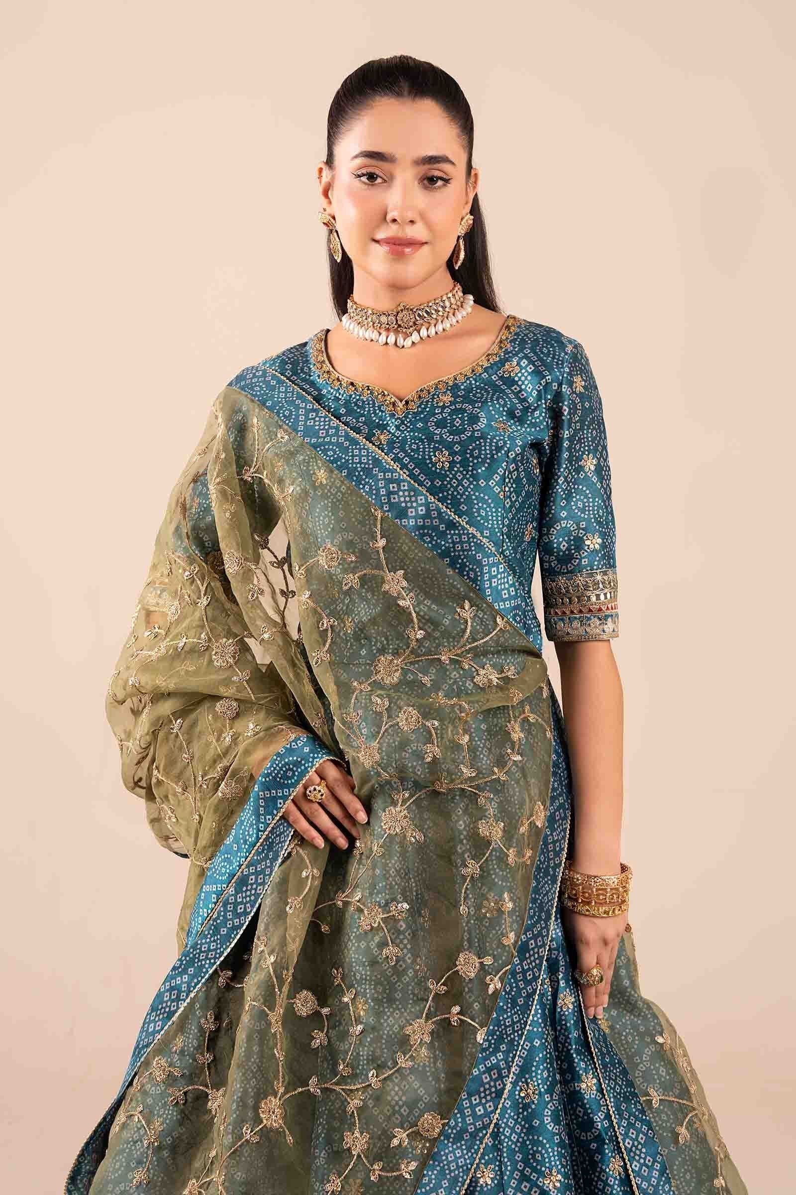 Maria B 3Pc Embroidered Raw Silk Suit SF-EF25-11 Teal gulbuy.com