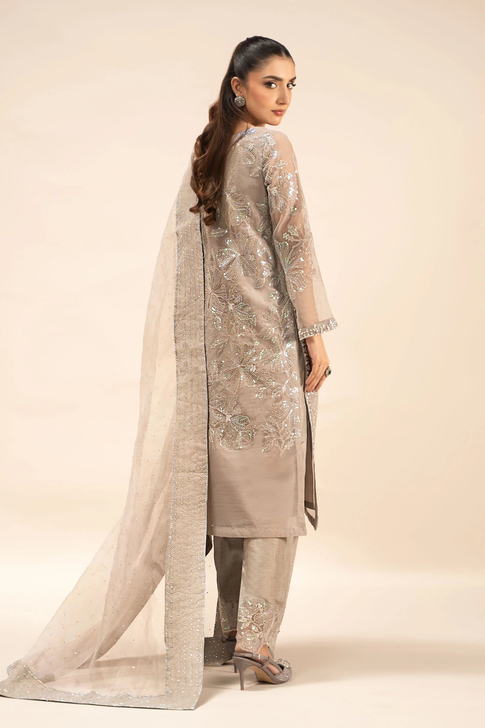 Maria B 3Pc Embroidered Organza Suit SF-EF25-15 Grey gulbuy.com
