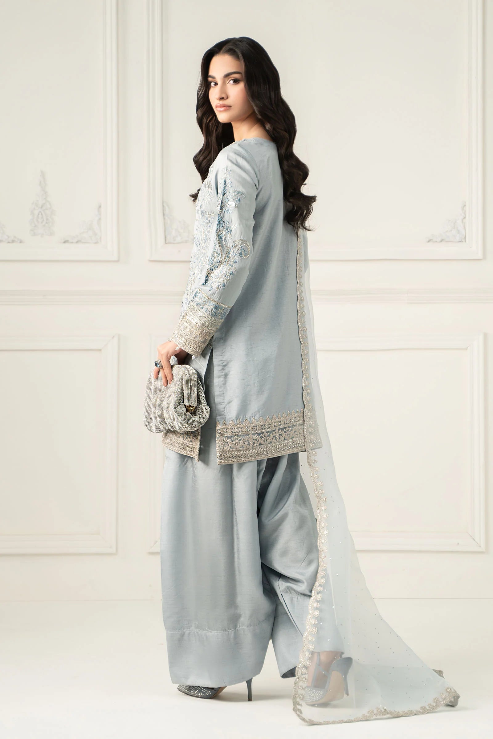 Maria B 3Pc Embroidered Raw Silk Suit SF-EF25-62 Light Blue gulbuy.com