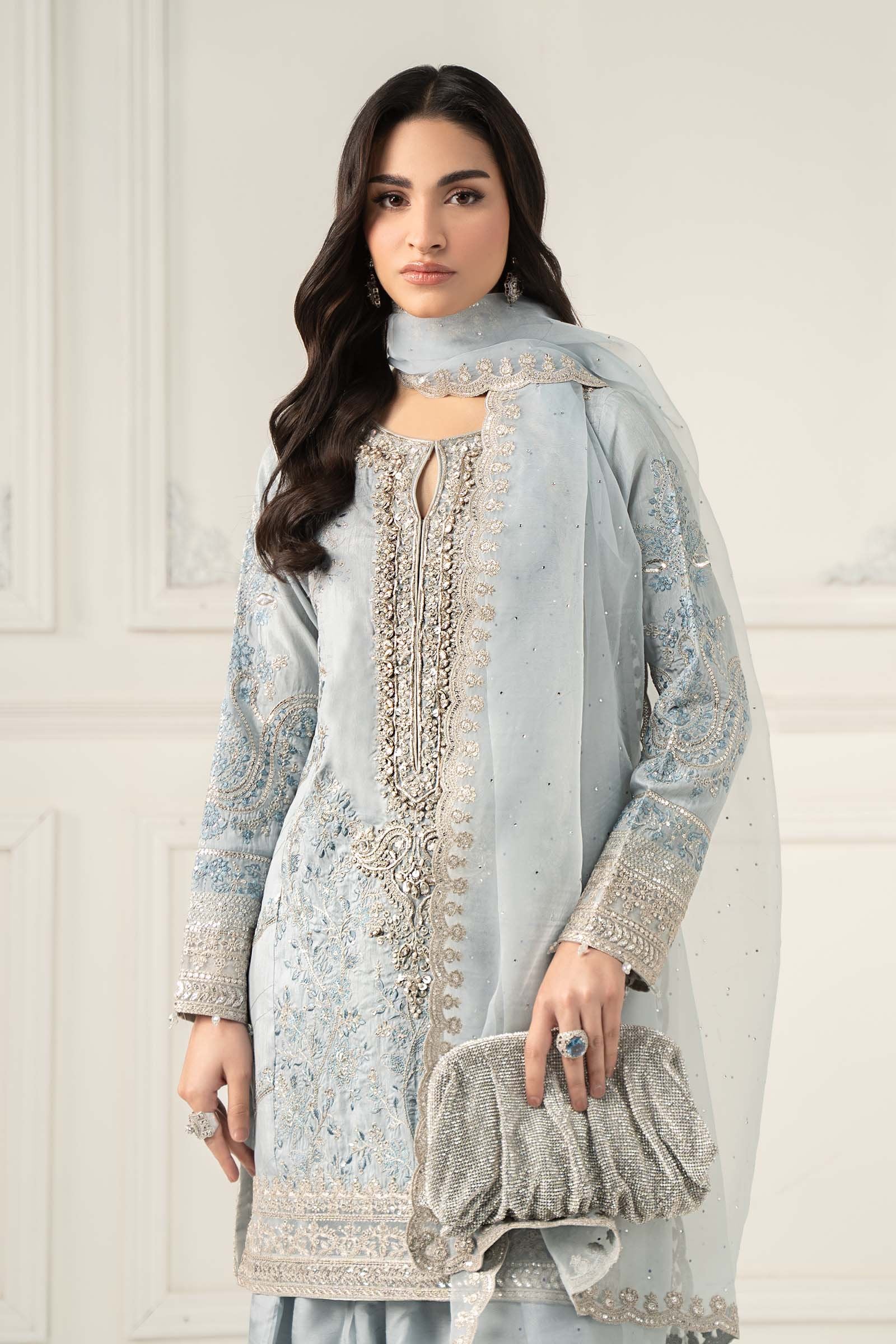 Maria B 3Pc Embroidered Raw Silk Suit SF-EF25-62 Light Blue gulbuy.com