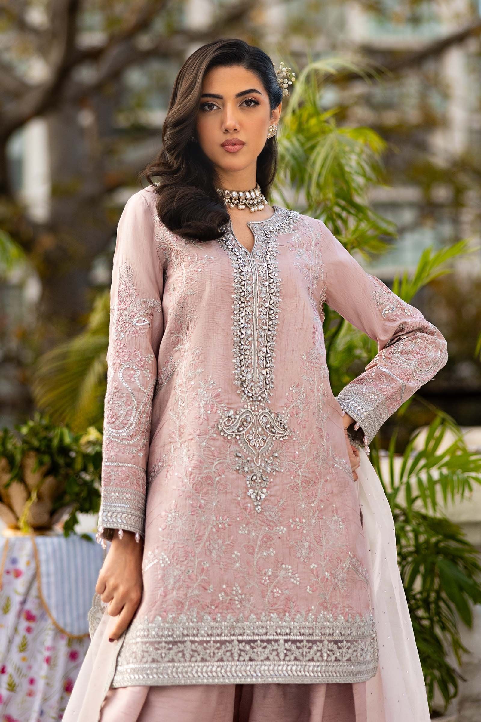 Maria B 3Pc Embroidered Raw Silk Suit SF-EF25-62 Light Pink gulbuy.com