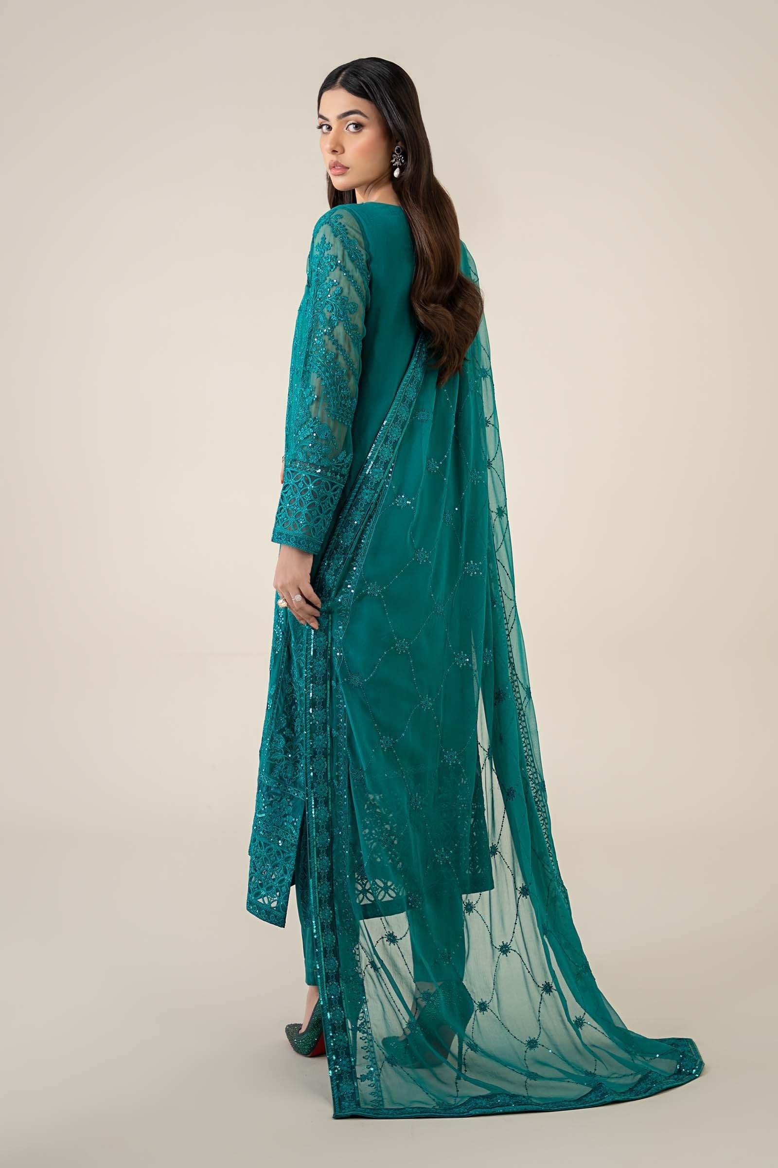 Maria B 3Pc Embroidered Chiffon Suit SF-EF25-20 Teal gulbuy.com