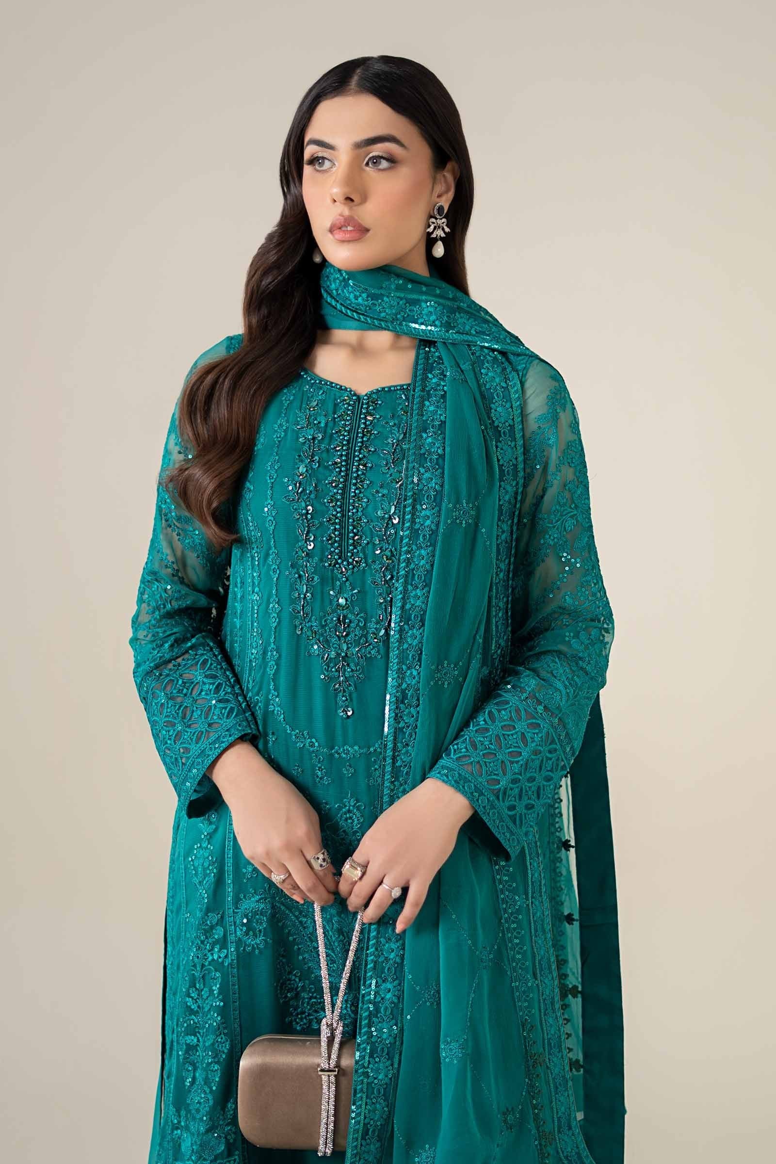 Maria B 3Pc Embroidered Chiffon Suit SF-EF25-20 Teal gulbuy.com