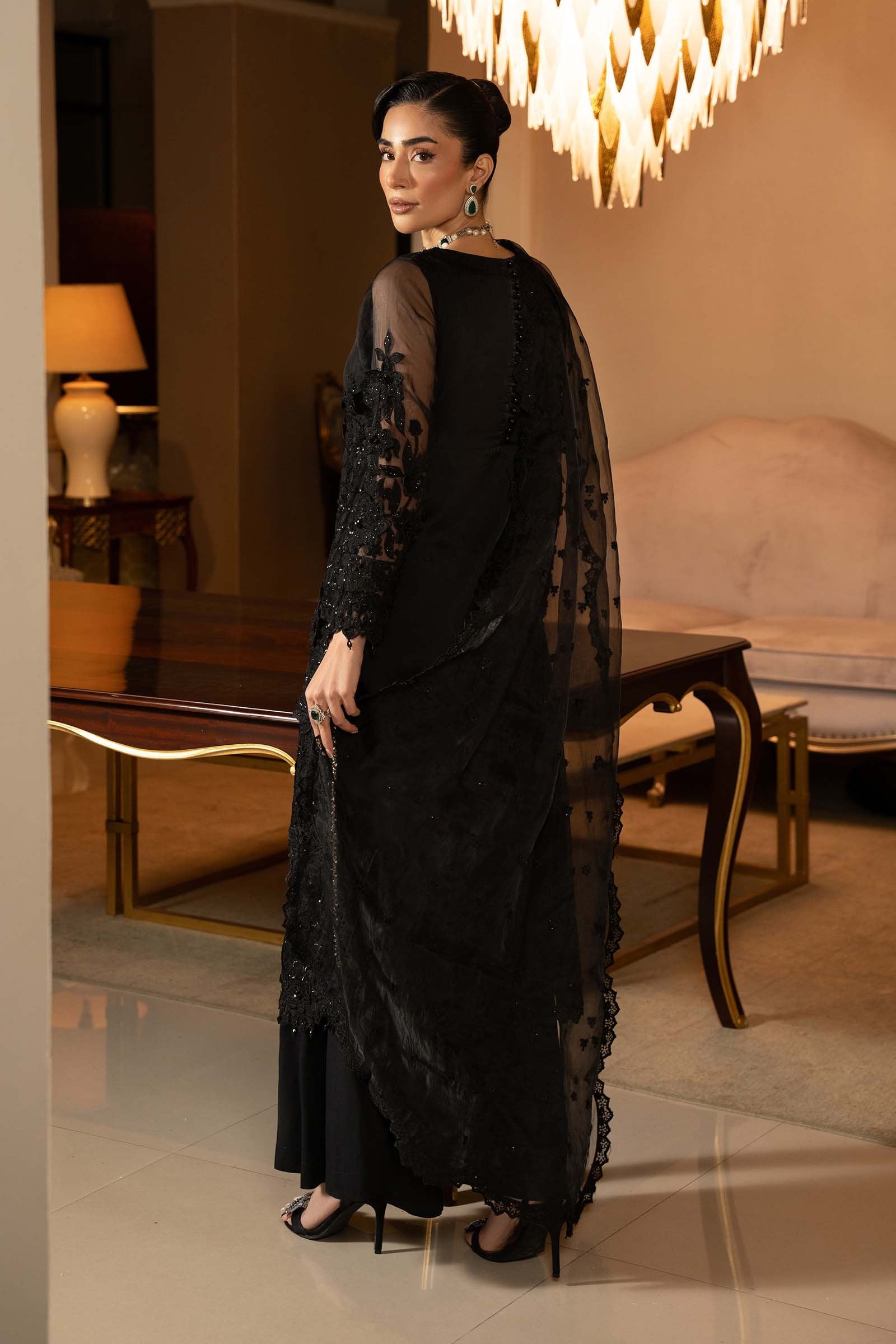 Maria B 3Pc Embroidered Organza Suit SF-EF25-04 Black gulbuy.com