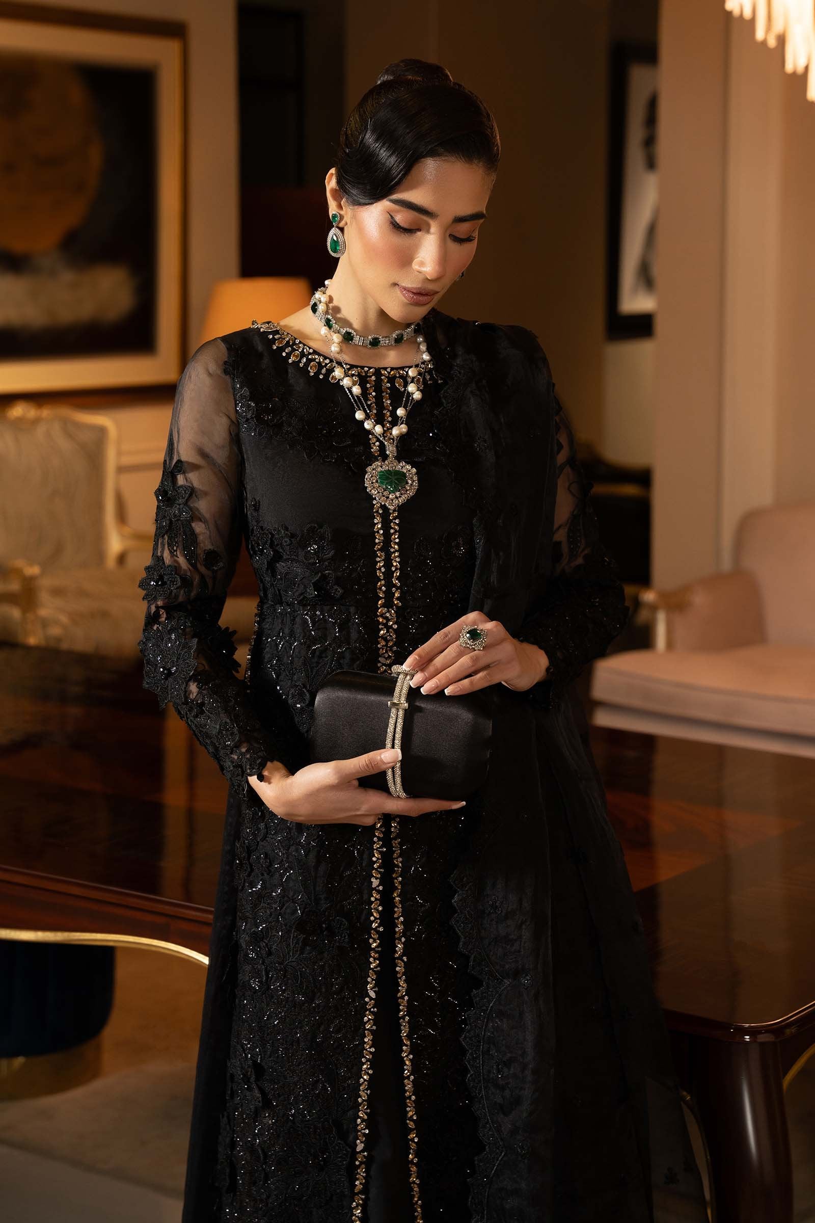 Maria B 3Pc Embroidered Organza Suit SF-EF25-04 Black gulbuy.com