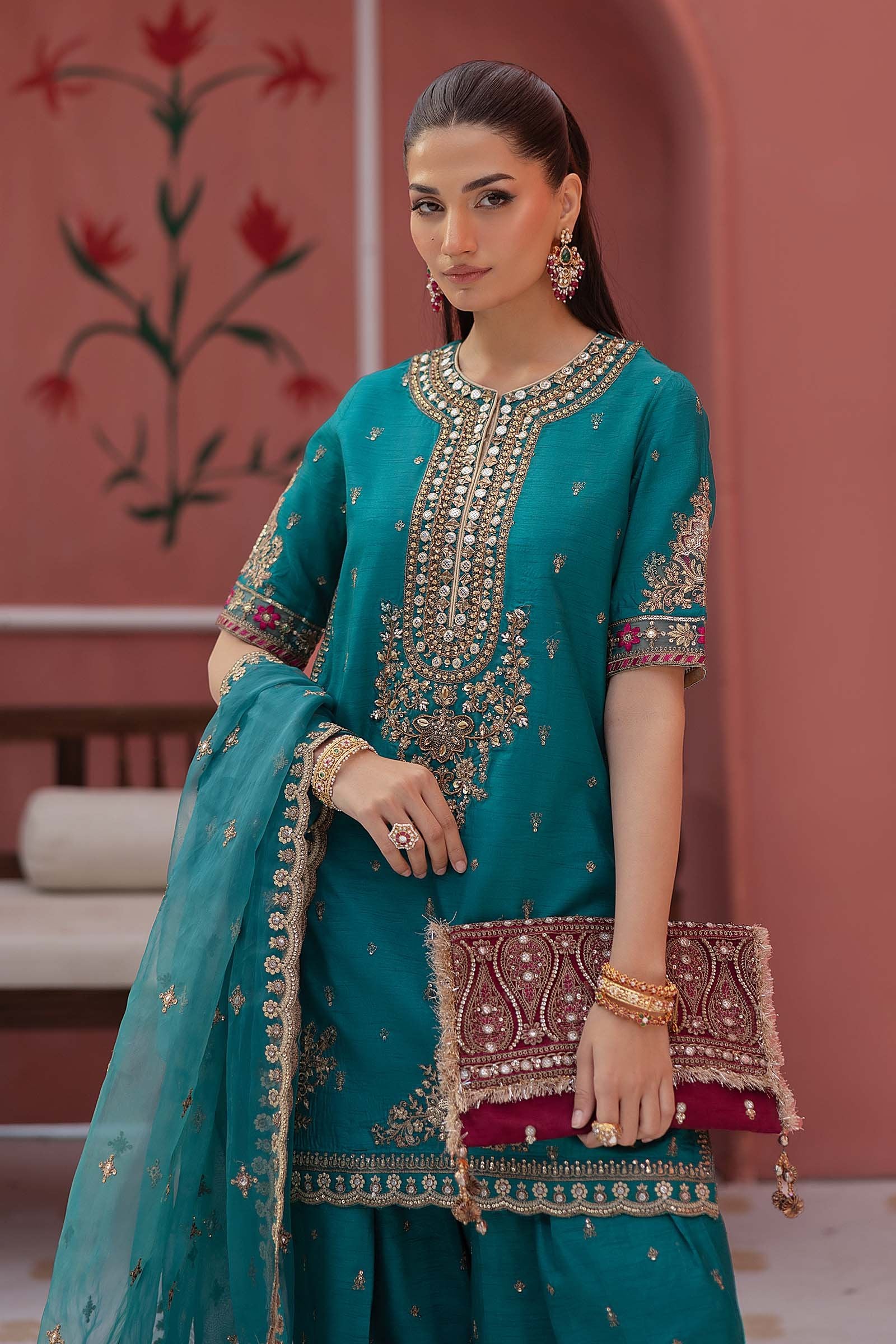 Maria B 3Pc Embroidered Raw Silk Suit SF-EF25-63 gulbuy.com