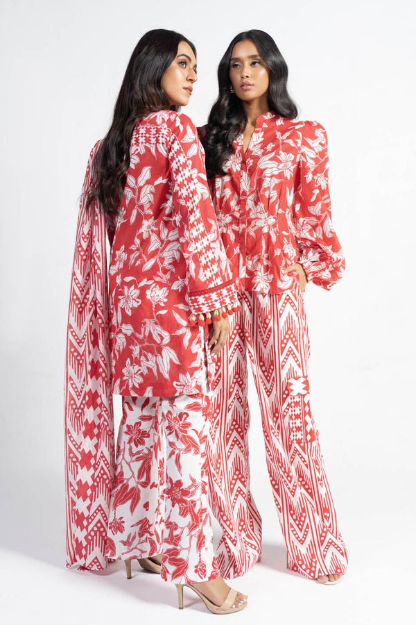 Alkaramstudio 3Pc Printed Lawn Suit (SS-46-24-Red)