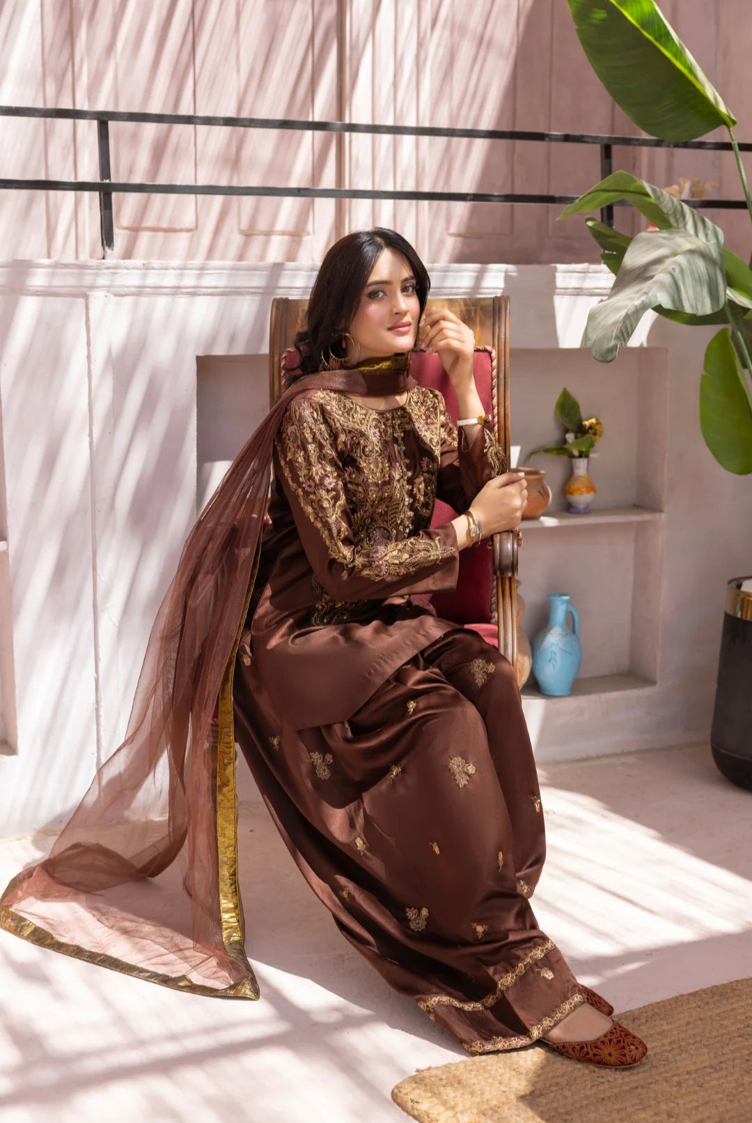Nakoosh 3Pc Embroidered Silk Suit NF-6434 brown gulbuy.com