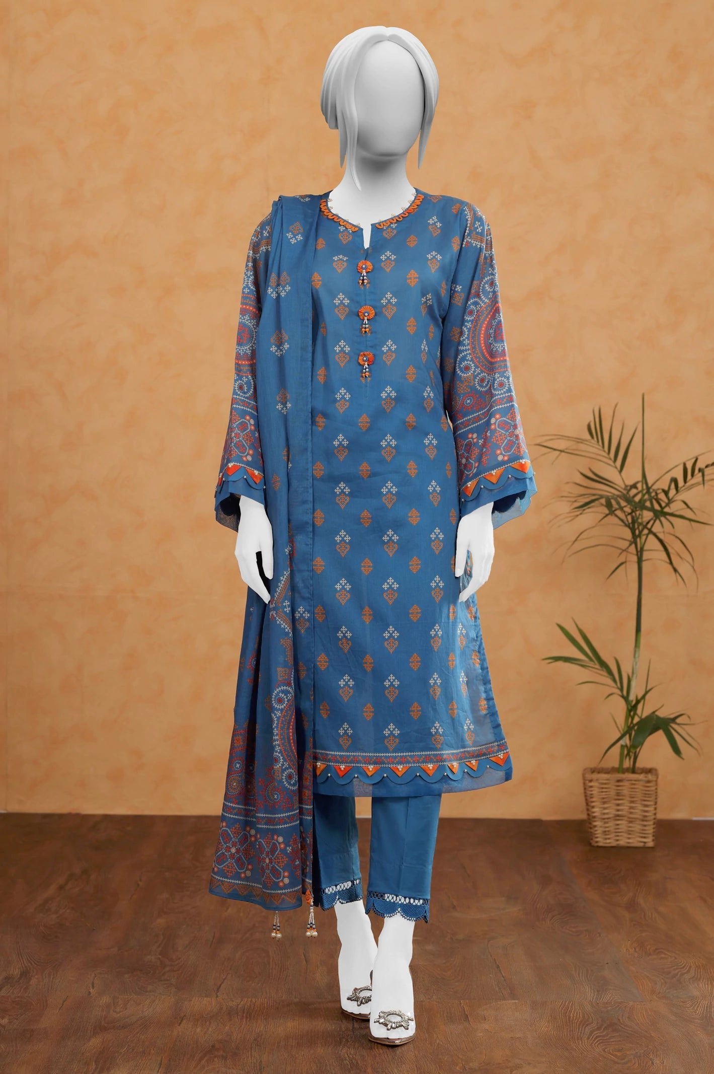 Diners 3Pc Printed Lawn Suit (WU31508-BLUE)