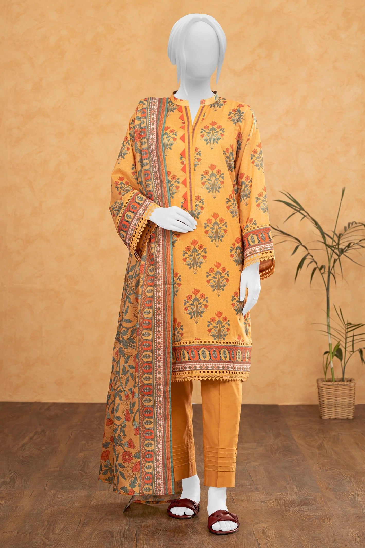 Diners 3Pc Printed Lawn Suit (WU31537-ORANGE)