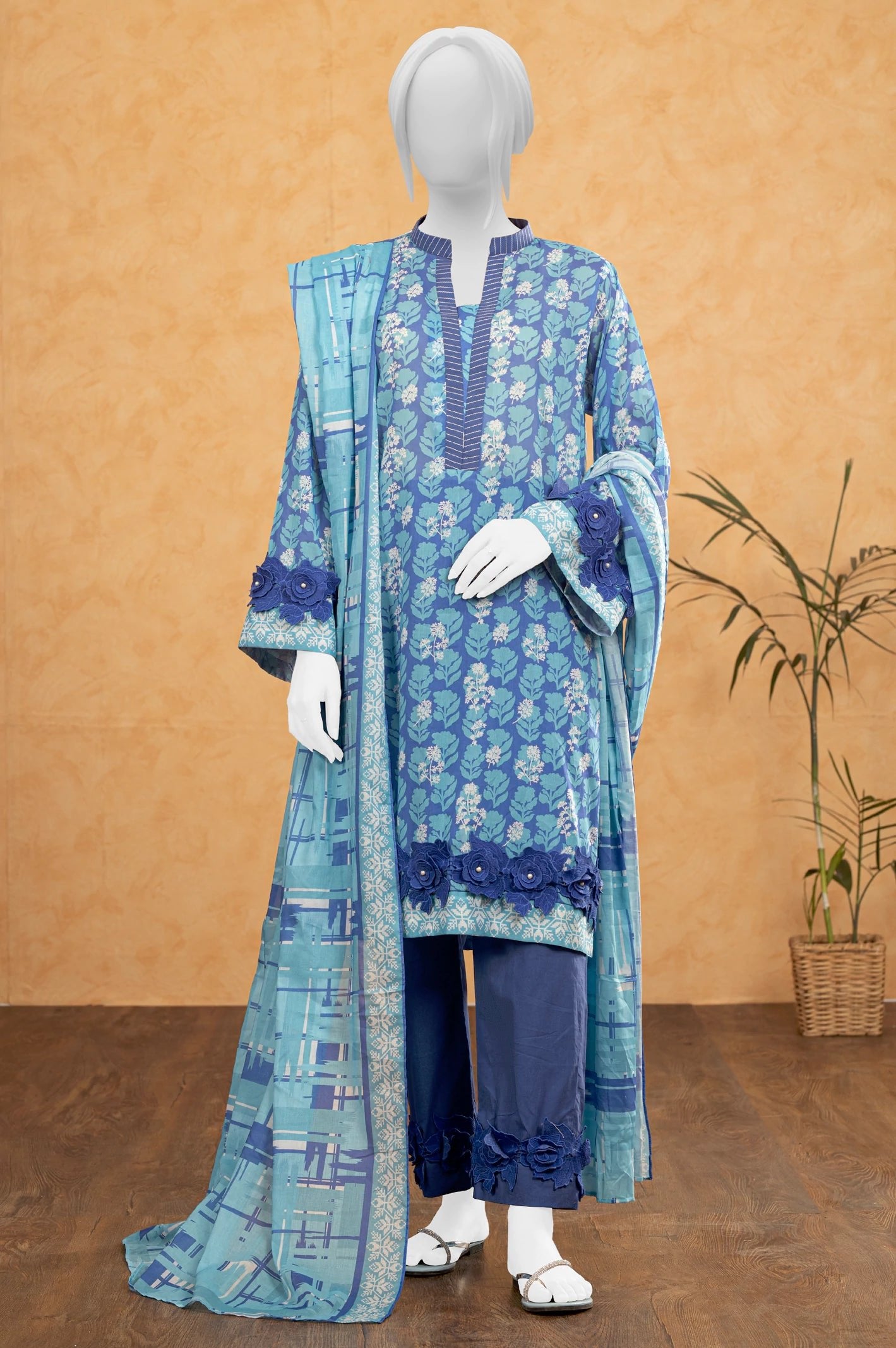Diners 3Pc Printed Lawn Suit (WU31539-BLUE)