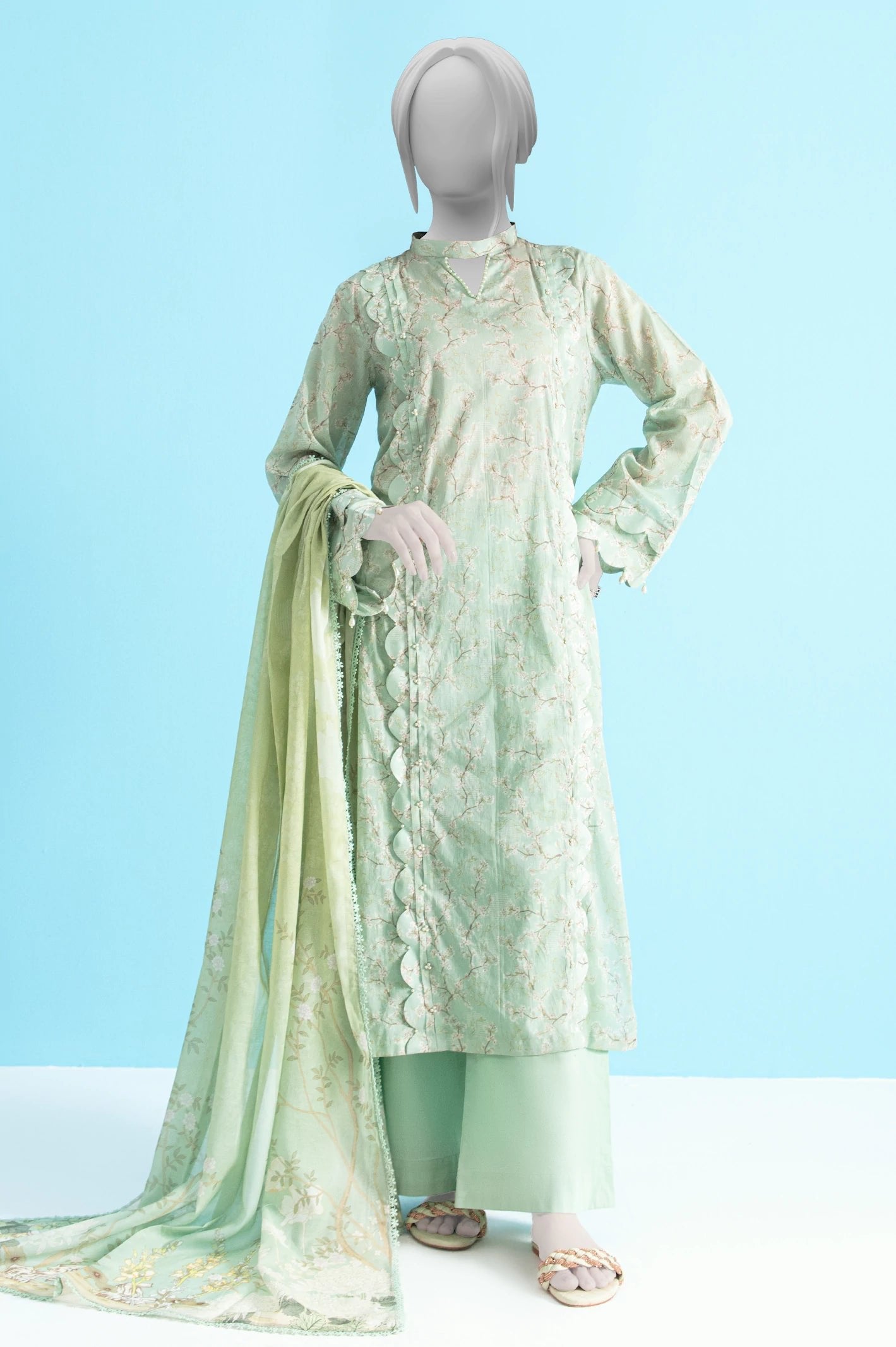 Diners 3Pc Printed Lawn Suit (WU31571-GREEN)