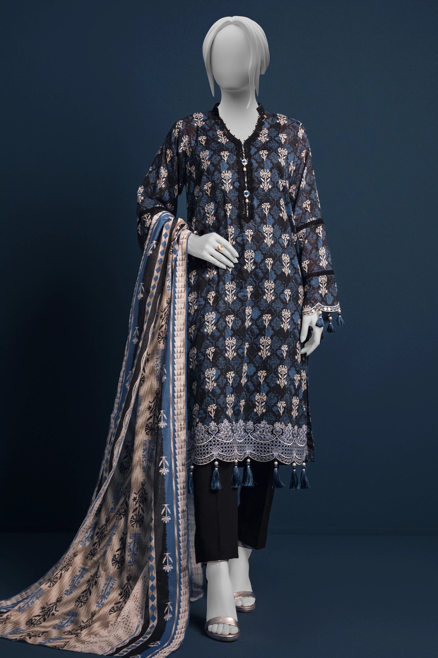 Diners 3Pc Printed Lawn Suit (WU31627-BLACK)