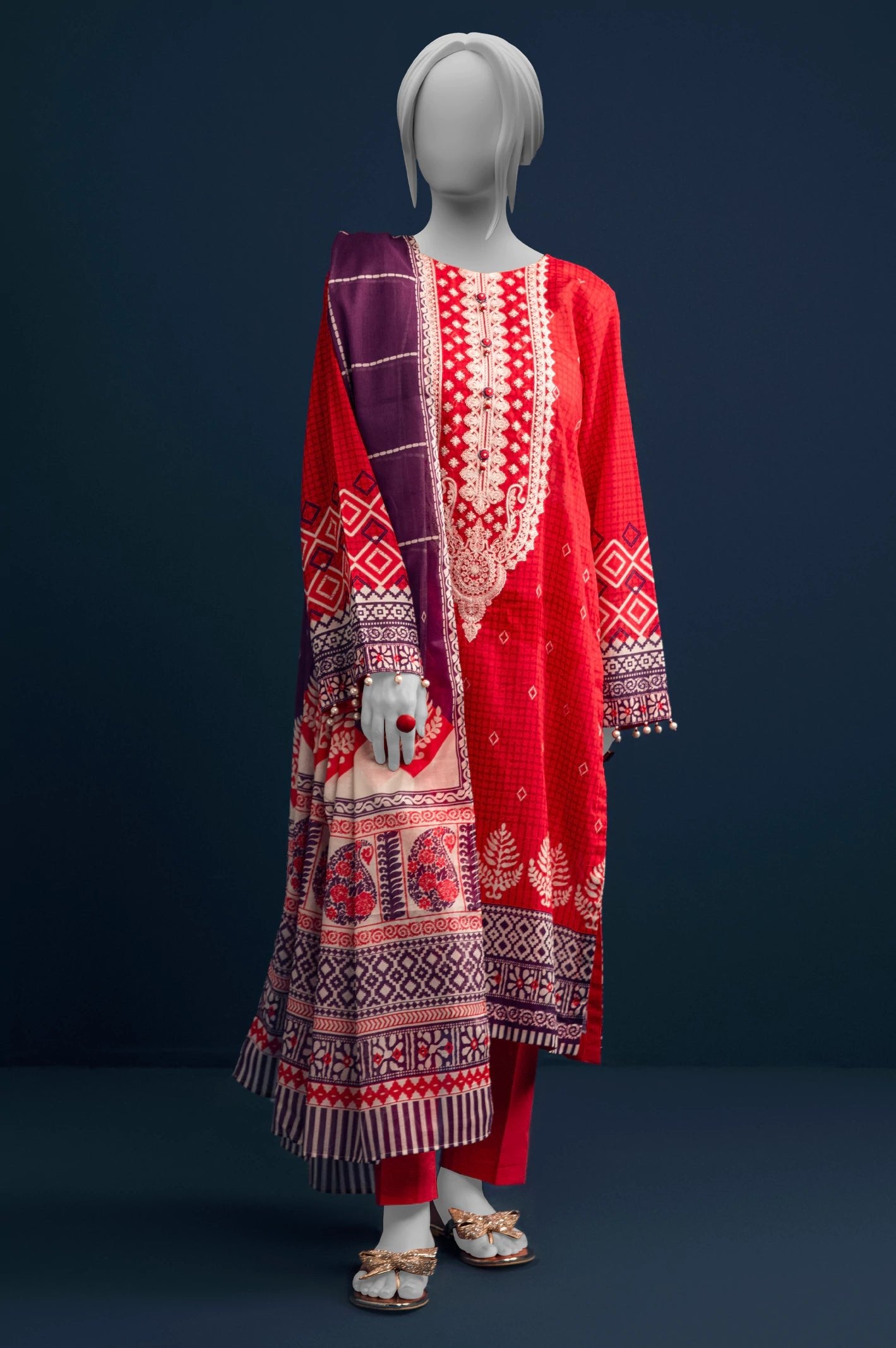 Diners 3Pc Printed Lawn Suit (WU31636-RED)