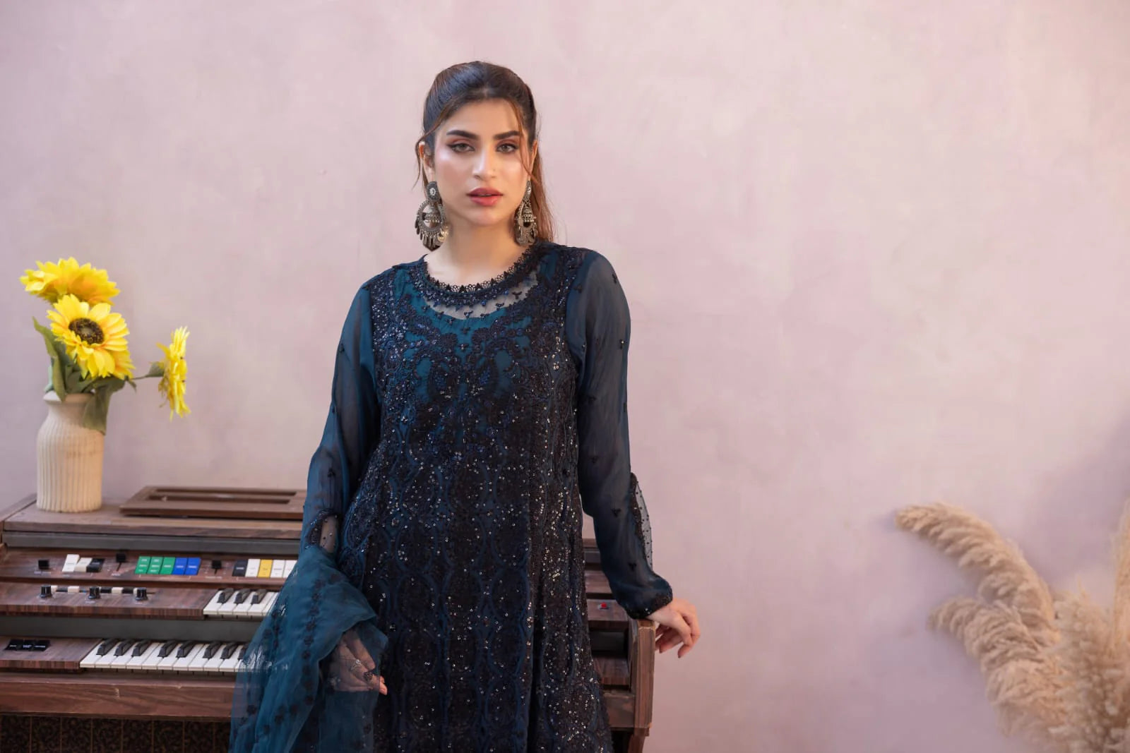 Nakoosh 3Pc Embroidered Chiffion Suit NF-5890 Teal Green gulbuy.com
