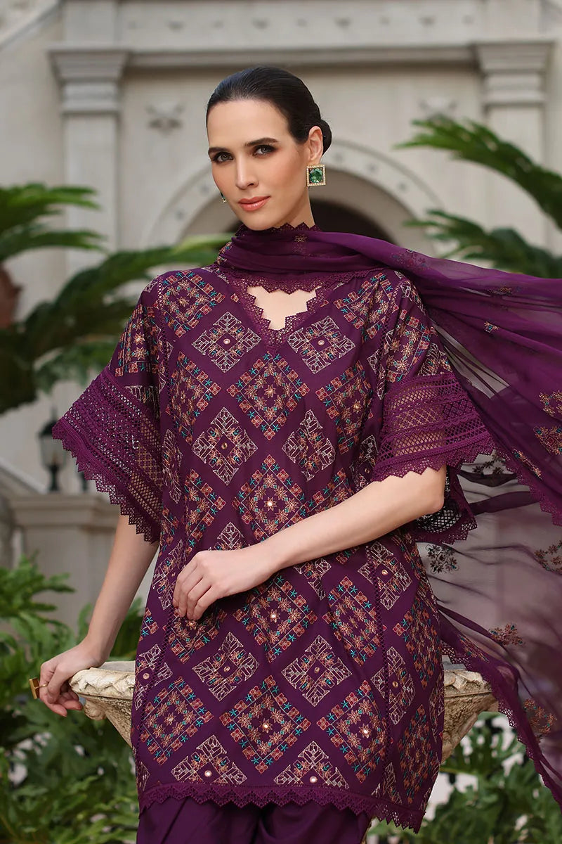 BAREEZA 3P EMBROIDERED LAWN SUIT TRIBAL FUSION-02-SHISHA WORK PURPLE gulbuy.com