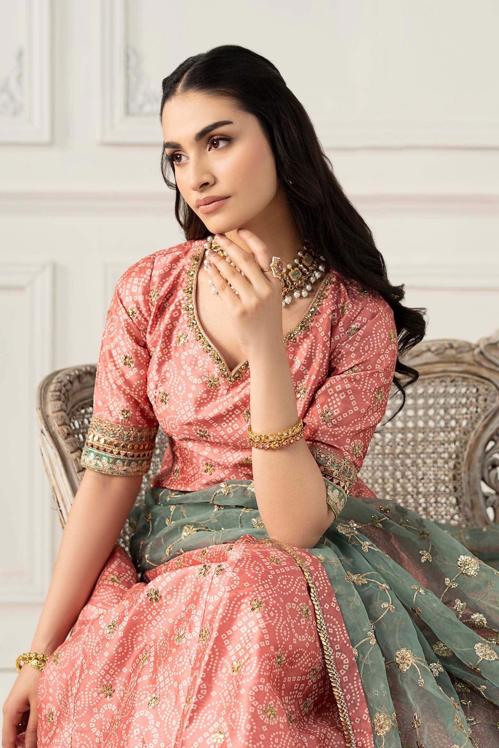 Maria B 3Pc Embroidered Raw Silk Suit SF-EF25-11 Coral gulbuy.com
