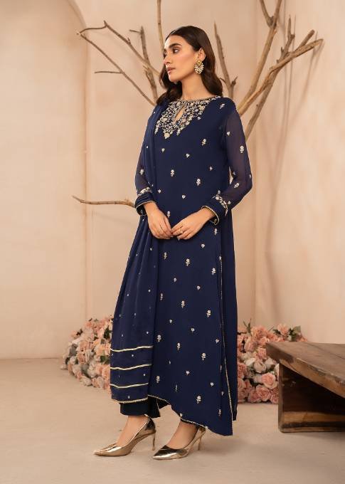 Agha Jaan 3Pc Embroidered Chiffon Suit Insia Blue gulbuy.com