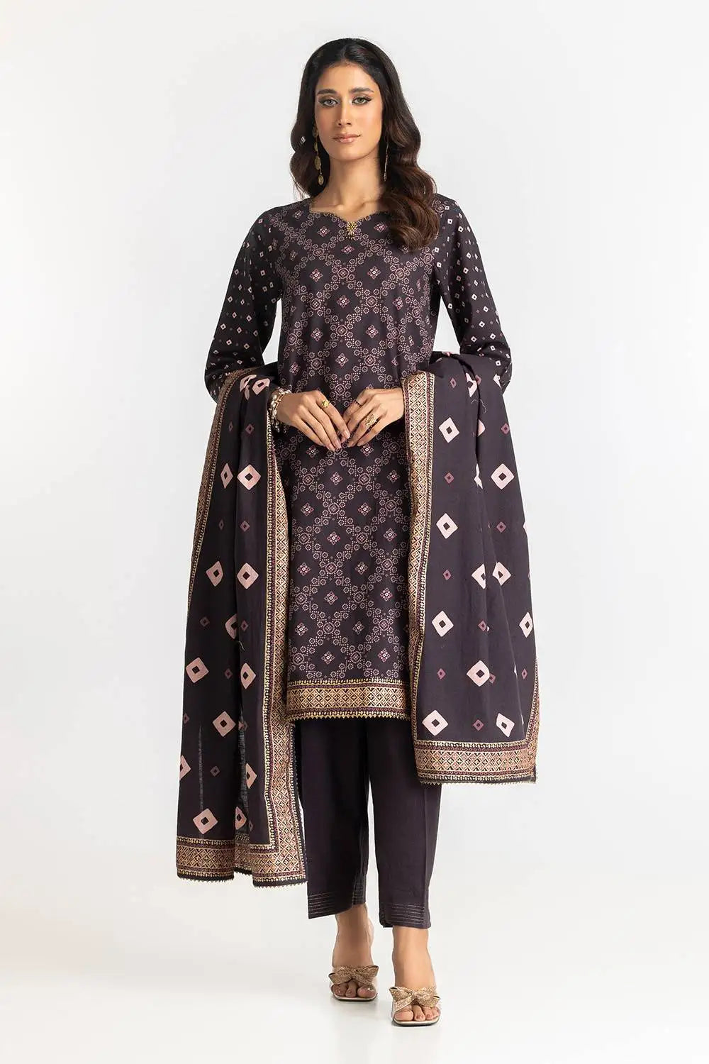 GulAhmed 3Pc Gold Printed Khaddar Suit IUSTKSD-309