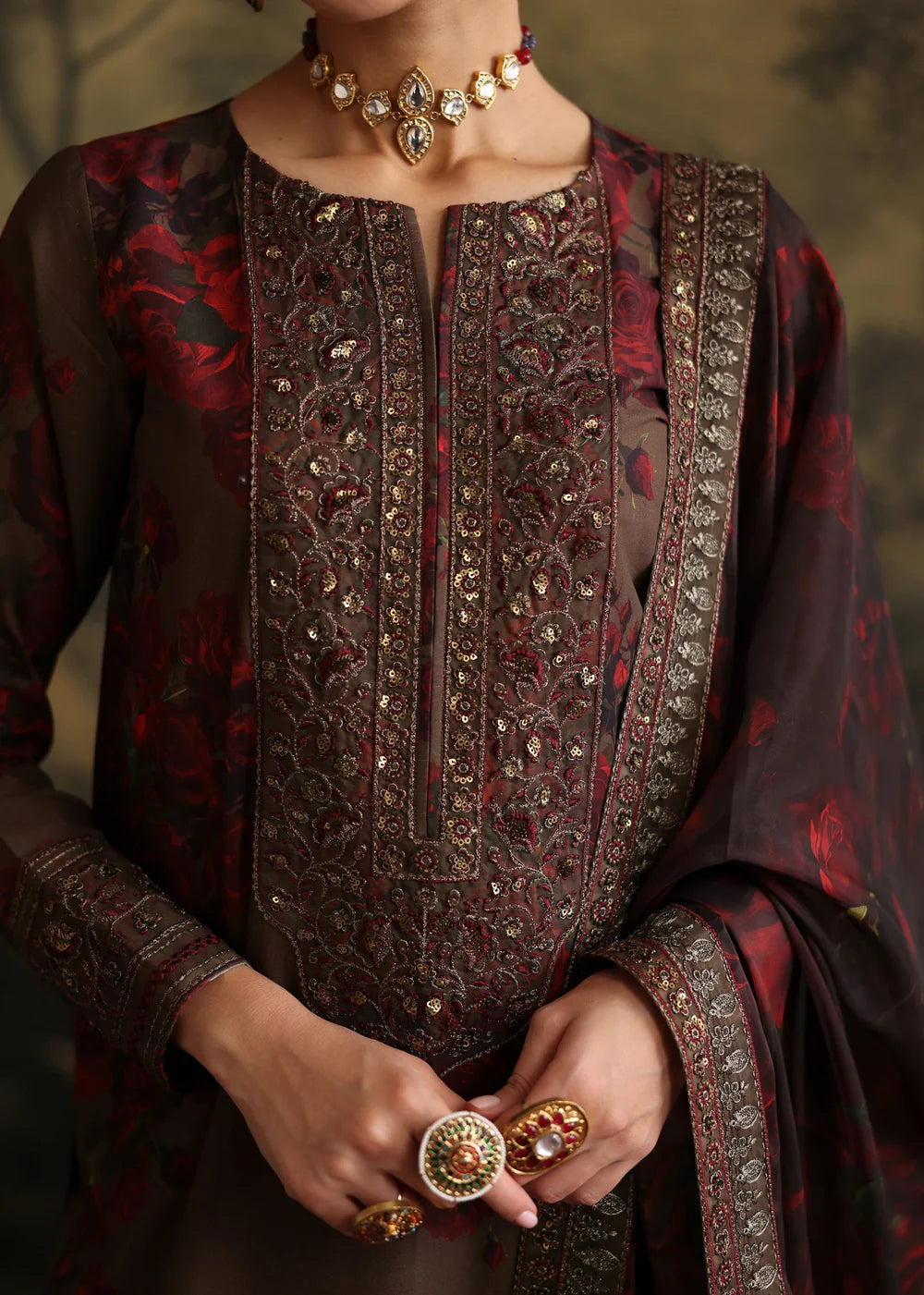 Humjoli 3Pc Embroidered Lawn Suit BROWN ROME gulbuy.com