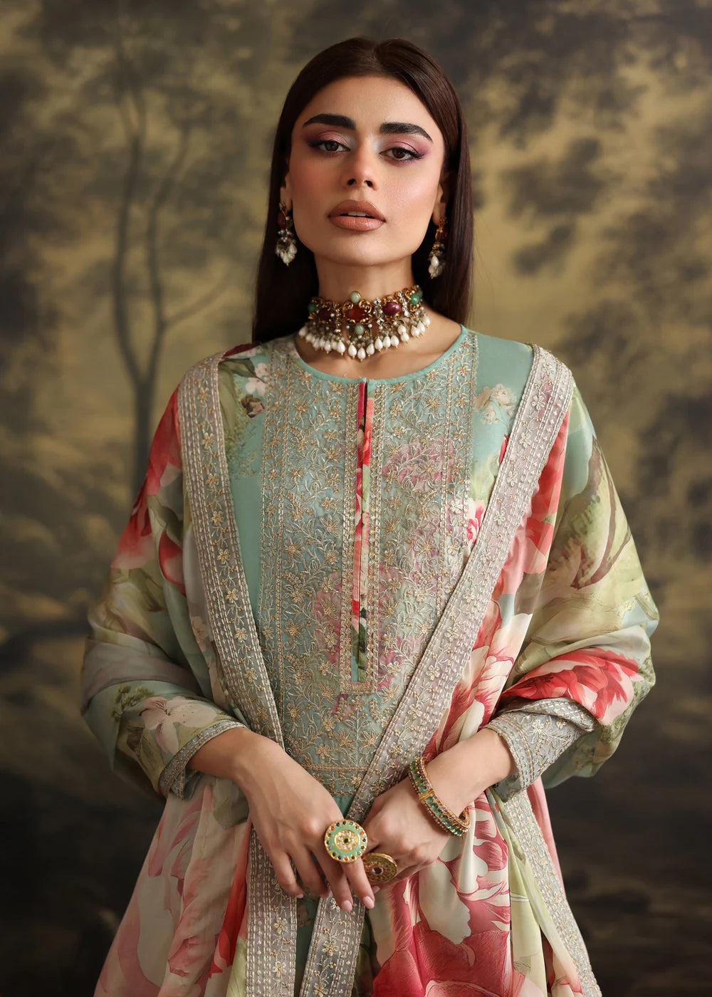 Humjoli 3Pc Embroidered Lawn Suit AQUA PINK gulbuy.com